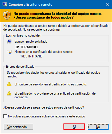 El nombre del servidor en el certificado no es correcto escritorio remoto